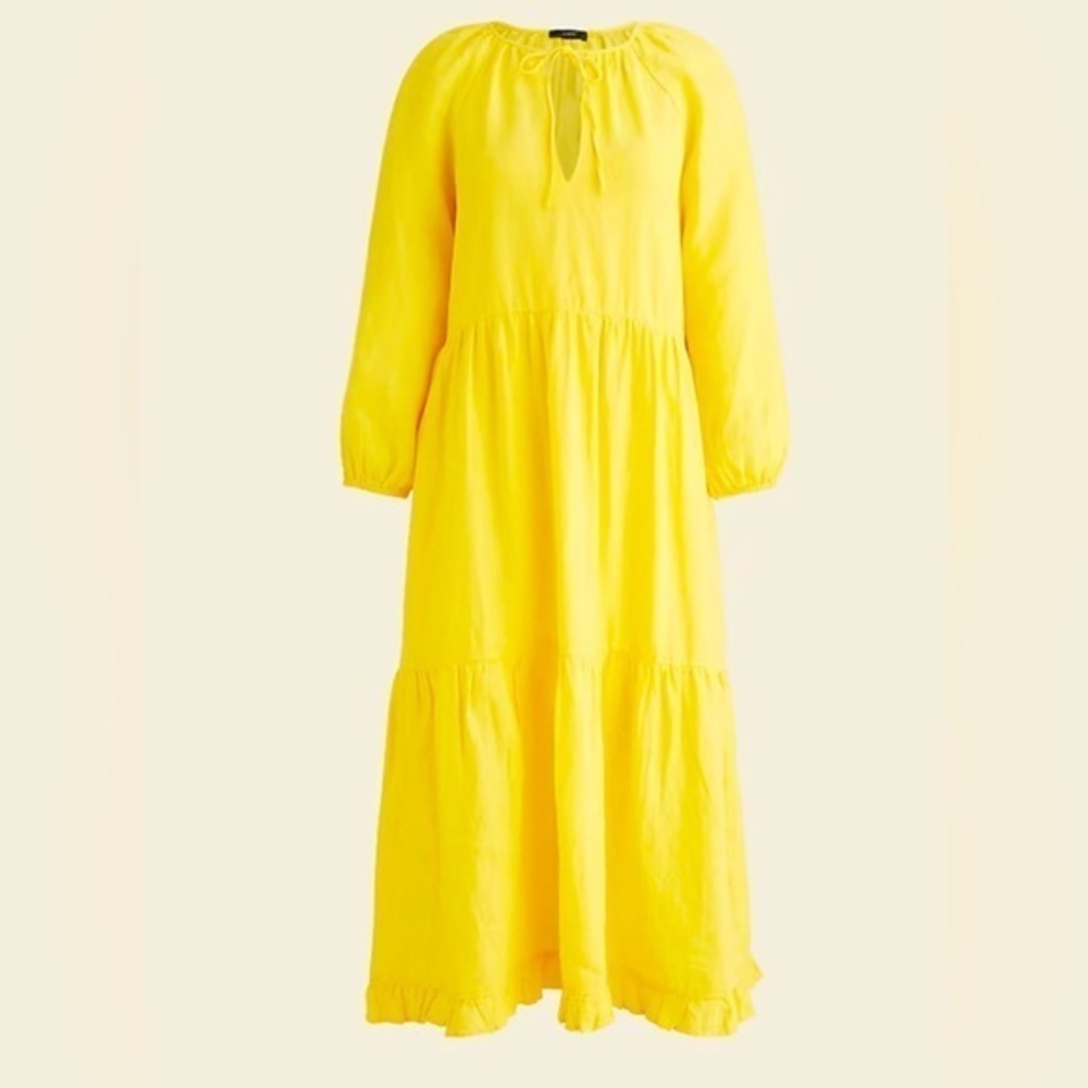 EUC J Crew Long Sleeve Tiered Linen Dress in Sunny Yellow Size XS/S #LS4
